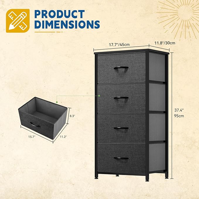 DWVO Storage Tower with 4 Drawers - Fabric Dresser, Organizer Unit for Room, Living Room, Closets - Sturdy Steel Frame, Easy Pull Fabric Bins & Wooden Top