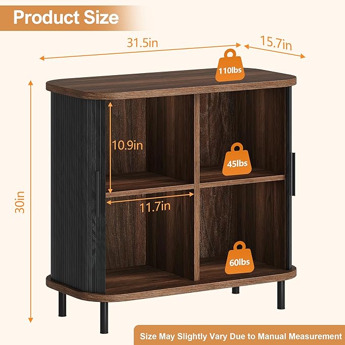 Fluted Sideboard Buffet Cabinet, 31''W Storage Cabinet with Sliding Door, Coffee Bar Buffet Cabinet for Living Room, Kitchen, Entryway, Black