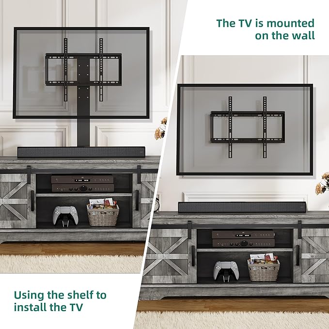 YITAHOME Farmhouse TV Stand for Living Room with Mount, Entertainment Center with 3 Height Adjustment for 32-70 inch TVs, Media Console Cabinet with Sliding Barn Door, Grey