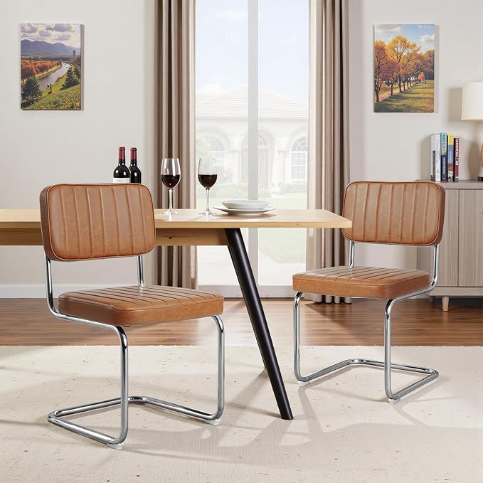 CangLong Faux Leather Dining Chairs Set of 2, Modern Upholstered Dining Room Chairs Armless Accent Chairs with Comfy Seat & Backrest, Black Metal Legs for Living Room, Cafe, Brown