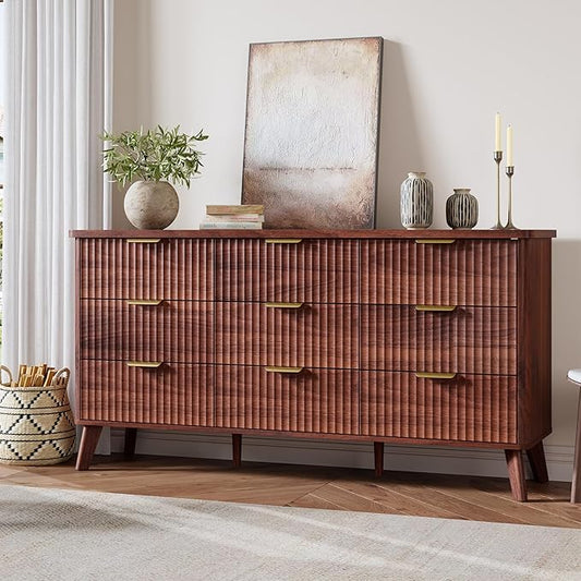 Garvee 9 Drawers Dresser for Bedroom, 60.6" Wide Dressers with Curved Profile Design, Fluted Wood Drawers with Gold Handle, Modern Chest of Dressers with Thickened Design for Living Room, Walnut