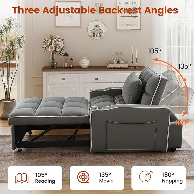 Convertible Sleeper Chair Bed, Pull Out Chair Sleeper with Bracket and Cup Holder, Chairs Bed Sleepers for Adults, 3 in 1 Sofa Bed Chairs for Small Spaces, Living Room, Gray