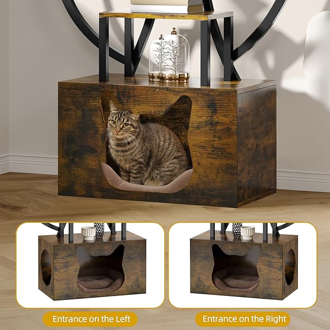 DWVO Tall Bookshelf with LED Light, Artistically Designed Tree Bookshelf with Cats Litter Box, 8-Tier Unique Bookshelves Corner Display Shelf for Home Office, Bedroom
