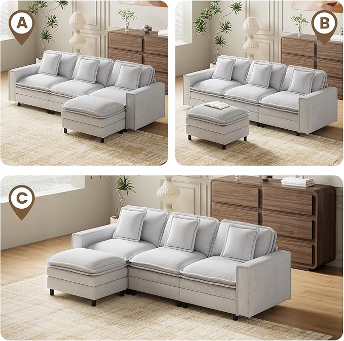 MALOL Modular Sectional Sofa 107", Comfy Cloud Couch with Ottoman, Deep 4-Seat L Shaped Modular Sofa, Couches with Throw Pillows for Living Room, Light Grey