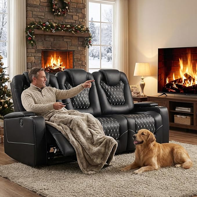 ANJ Power Recliner Sofa Set with 1 Recliner and 2PC 3 Seater Sofa, Electric Reclining PU Leather Living Room Furniture with USB Ports, Cup Holders and Hidden Arm Storage, Black