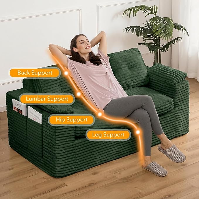 60in Loveseat Sofa, Boneless Cloud Couch Sofa for Living Room 2 Seater Modern Lounge Sleeper Couch with Removable Cover Corduroy with Armrest, Seat Cushion & Pillows for Small Spaces, Green