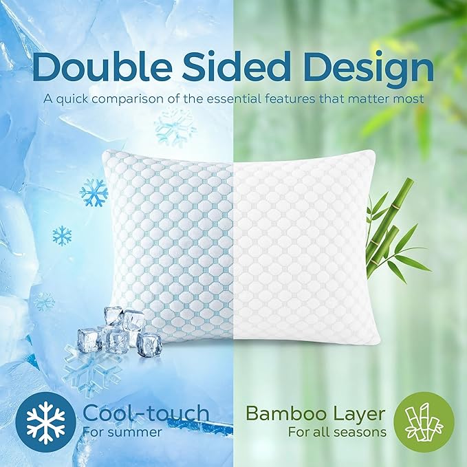 Cooling Memory Foam Pillows Queen Size 1 Pack: Double sided Adjustable firm soft Hotel Sleeping Pillow with Breathable Bamboo Rayon Zipper Cover for Easy wash and hot Side Back Stomach Sleepers 20x30
