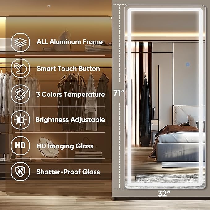 Antok LED Full Length Mirror with Light, 71"x32" Lighted Full Body Mirror with Stand, Dimmable & 3 Color Lighting Standing/Leaning/Wall Mounted Vanity Mirror for Bedroom Cloakroom Livingroom(Rect)