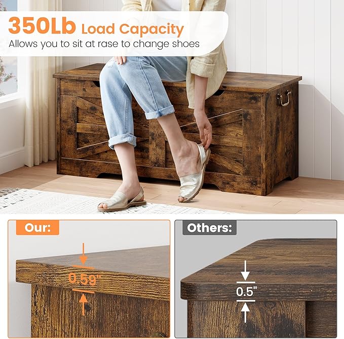 IDEALHOSUE 39.4" Storage Chest, Wooden Storage Bench with Safety Hinge, Retro Blanket Storage Trunk for Entryway, Living Room, Supports 350 lb, Rustic Brown