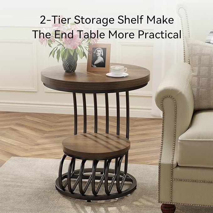 LITTLE TREE Round Side Table, Wood End Table with 2-Tier Storage Shelf, Accent Coffee Table, Creative Curved Metal Frame End Table for Small Spaces, Living Room, Bedroom, Light Brown + Black