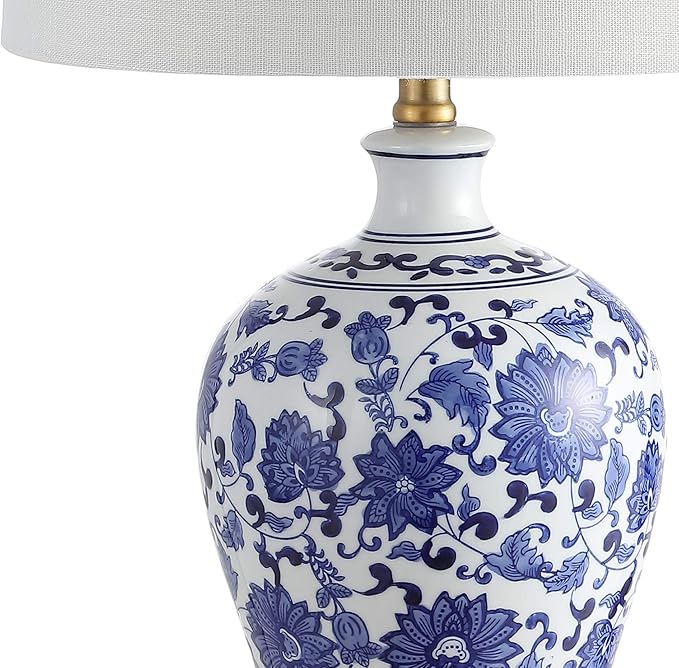 JONATHAN Y 25.75" Blue and White Ceramic Ginger Jar LED Table Lamp Set of 2, Traditional Brass Gold Base for Bedroom Living Room, White Linen Shade, LED Bulbs Included JYL1073A-SET2