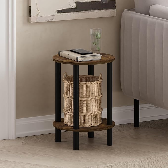 Furinno Turn-N-Tube Side Table, 2-Tier Round End Table, Toolless Assembly Night Stand, Bedside Table with Open Shelf, for Living Room, Bedroom, Amber Pine