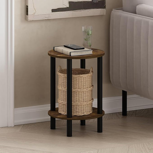 Furinno Turn-N-Tube Side Table, 2-Tier Round End Table, Toolless Assembly Night Stand, Bedside Table with Open Shelf, for Living Room, Bedroom, Amber Pine