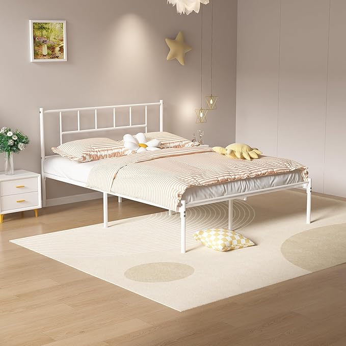 VECELO Full Metal Platform Bed Frame with Headboard, Heavy Duty Steel Slat Support, Under Bed Storage,No Box Spring Needed, Easy Assembly