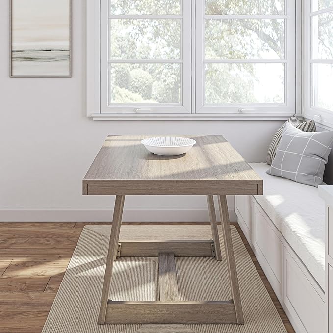 Plank+Beam 48 Inch Farmhouse Dining Table, Rustic Solid Wood Kitchen Table, Dinner Table for Dining Room, Home Office Furniture, Seashell Wirebrush