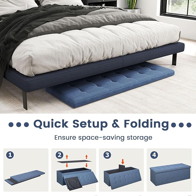 Giantex Storage Ottoman Bench, 43"L Folding Foot Rest Storage Chest with Side Pocket, Divider, Padded Seat Shoe Bench for Living Room Bedroom Hallway Entryway End of Bed (Navy)