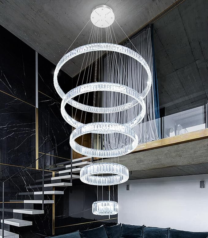 Large Ring Crystal Chandelier Modern Dimmable Chandelier High Ceiling Chandelier Round LED Ceiling Light Fixture for Foyer Long Stair Big Chandelier Silver 8''+16''+24''+32''+40''