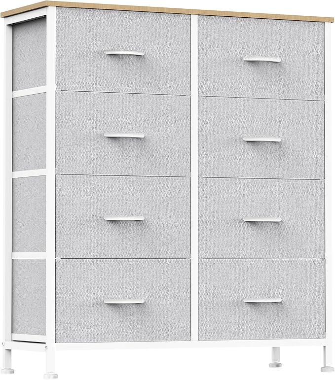 OLIXIS Fabric Dresser Storage Tower 8 Drawer Organizer with Wooden Top and Metal Frame for Bedroom Living Room Closet Entryway, Light Grey