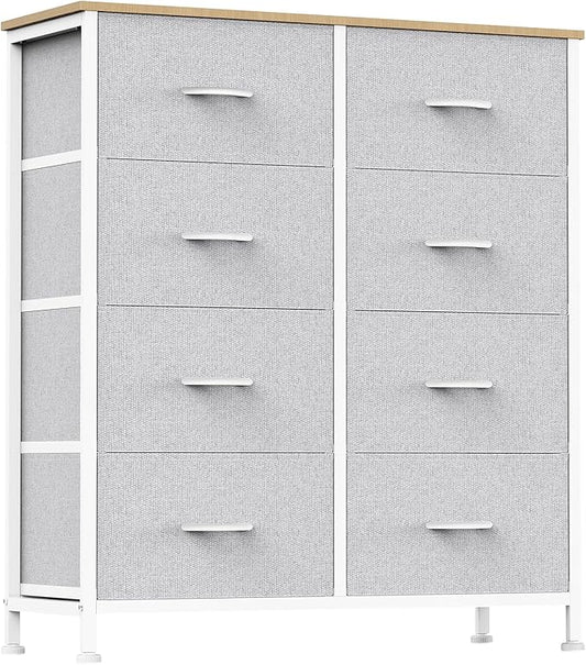 OLIXIS Fabric Dresser Storage Tower 8 Drawer Organizer with Wooden Top and Metal Frame for Bedroom Living Room Closet Entryway, Light Grey