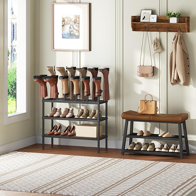 Free Standing Shoe Rack, 4 Tier Boots Rack Organizer, Tall Boots Rack for Closet, Cowboy Boot Storage, Holds 14 Pairs, Black and Rustic Brown SS29BR