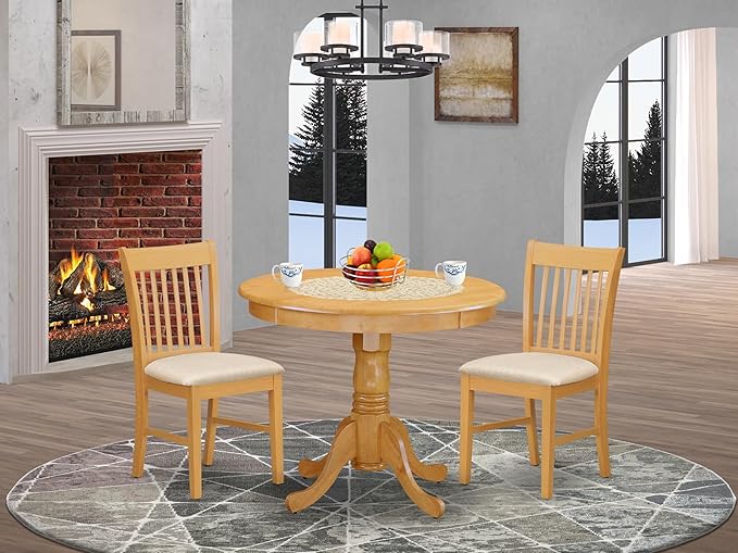 East West Furniture ANNO3-OAK-C 3 Piece Kitchen Table Set for Small Spaces Contains a Round Dining Room Table with Pedestal and 2 Linen Fabric Upholstered Chairs, 36x36 Inch, Oak