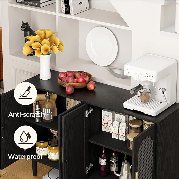 Modern Rattan-Door Sideboard Cabinet – 4-Door Credenza Buffet with Ample Storage, Large Accent Cabinet for Entryway, Living Room, Dining Room & Kitchen, Black & Grey