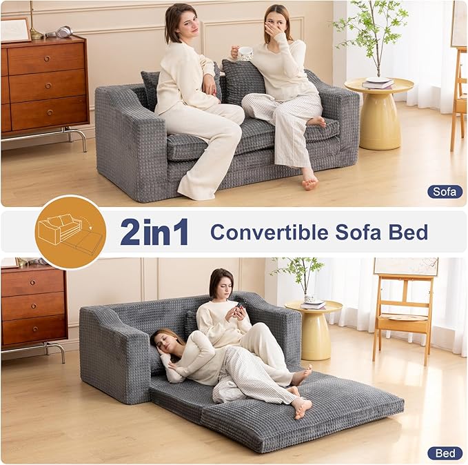 61" Convertible Sofa Bed Loveseat, Memory Foam Boneless Floor Couch with Removable Corduroy Cover, Tri-folding Compact Full-size Sleeper for Small Living Room, Playroom, Guest Room, RV (Dark Gray) | Convertible Sofa Bed, Premium Memory Foam, Ergonomic ...