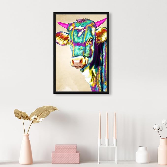 Country Farmhouse Canvas Print Painting Animal Wall Art 'Fun Colorful Glam Farm Cow' Black Framed Canvas Rustic Home Décor 10x15 in Green, Pink by Oliver Gal