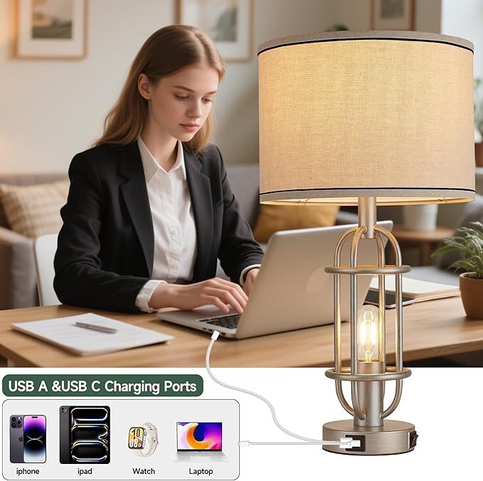 Table Lamps for Living Room Set of 2, 22.3" Farmhouse Lamps for Nightstand, Industrial Table Lamps for Bedroom with USB Ports, Bulbs Included