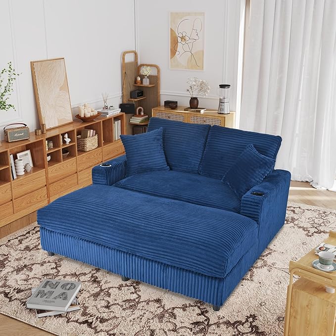 Eafurn 64" Oversized Chaise Lounge Chair Indoor, Plush Corduroy Upholstered Sofa Bed with Pillows & 2 Cup Holders, Extra Wide Deep Seat Sleeper Couch Recliner Chair for Living Room | Removable Cushions, Wooden Frame, Solid Legs