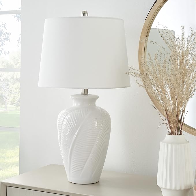 Nourison Home 26" White Glossy Feather Engraved Coastal Farmhouse Table Lamp for Bedroom, Living Room, Dining Entryway