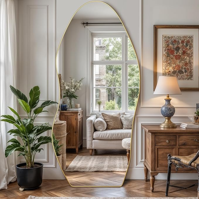 Antok Full Length Mirror, 76"x36" Floor Mirror with Stand, Standing Hanging Leaning Irregular Mirrors for Bedroom Living Room Entryway, Wavy Shaped, Golden