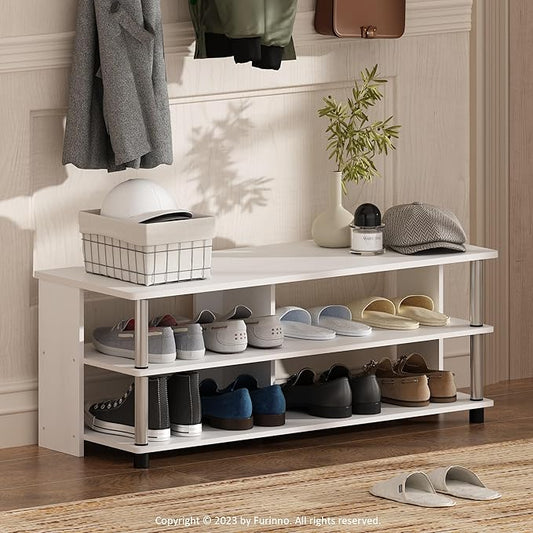 Furinno Turn-N-Tube Shoe Rack, 3-Tier Shoe Organizer, Compact Shoe Storage with Open Shelves and Stainless Steel Tubes, 15.5 x 41.1 x 15.8, for Closet Entryway, Office, Garage, White Oak