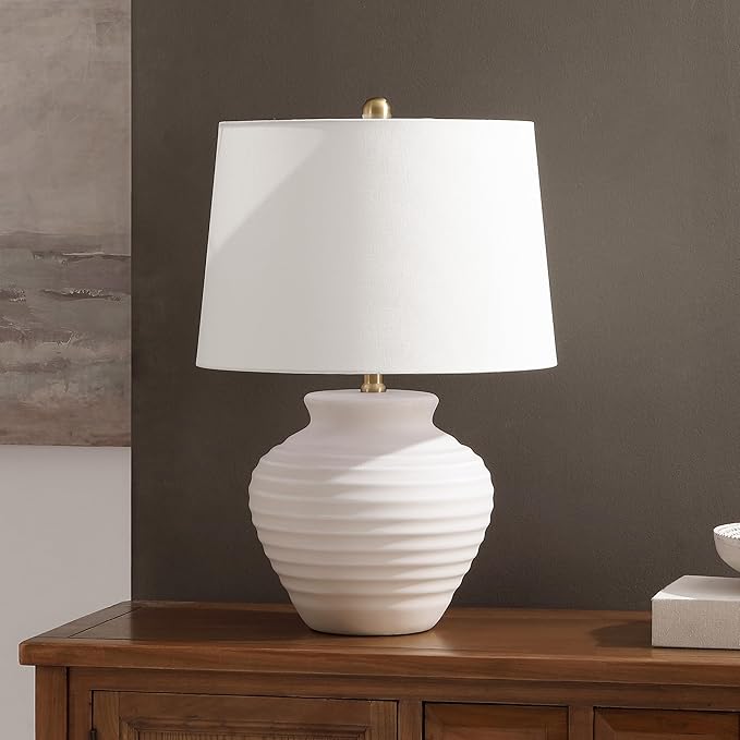 SAFAVIEH Lighting Collection – Ledger Rustic Farmhouse Bone Ceramic Table Lamp with White Drum Shade, 23-Inch Bedroom or Living Room Lamp, LED Bulb Included (TBL4352B)
