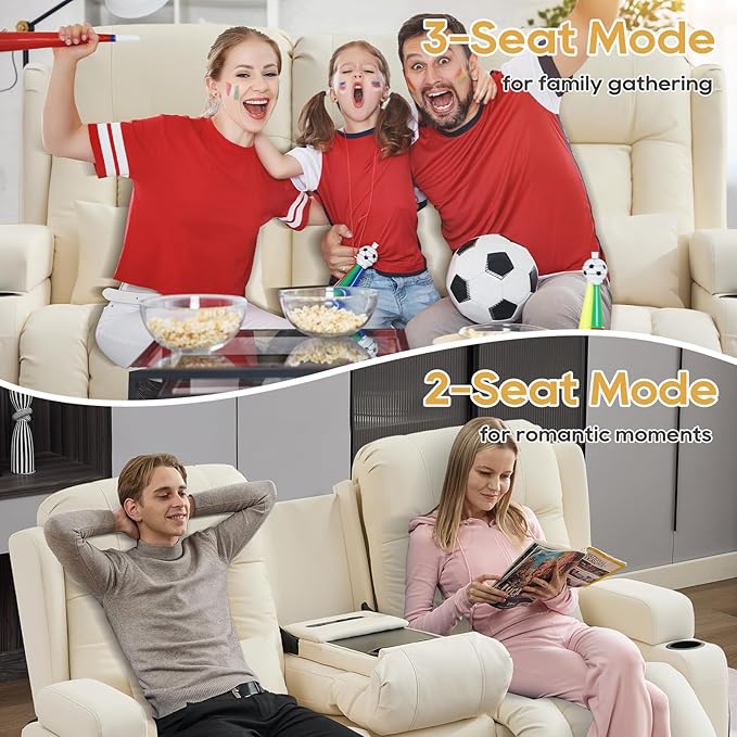 IPKIG Power Recliner Sofa with Flip-Up Backrest Console, USB & USB-C Ports, AC Outlet, LED Lights, Wall Hugger Recliners for Living Room, RV (Off Withe, 67" - 3 Seat) | Faux Leather, Zero Gravity, Dual Reclining, 2 Lumabr Pillow, Bluetooth Speakers