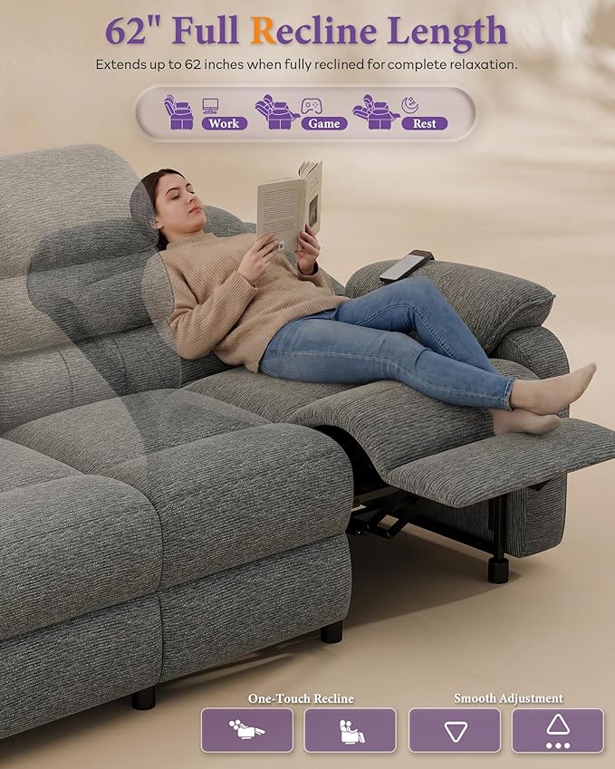TYBOATLE Power Reclining Sofa, 3 Seater Electric Reclining Sofa with Dual Motors and Remote Control, Chenille Couch w/Side Pockets for Living Room, Game Room, 76.5" Wide (Grey)