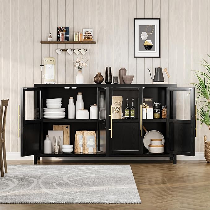 Garvee 55“ Large Buffet Cabinet with Storage, Sideboard Buffet Cabinet with Glass Doors, Modern Farmhouse Storage Cabinet Table for Kitchen Dining Room, Living Room (Black, Glass with 4 Doors)