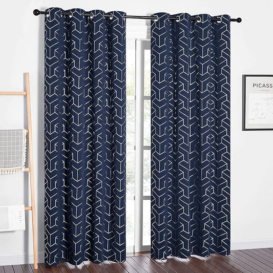 NICETOWN Blackout Curtain Panels 84 inches Long, Window Treatment Foil Printed Diamond Pattern Thermal Insulated Grommet Blackout Drapes for Living Room/Office/Guest Room(Navy, 1 Pair, 52 inches Wide)
