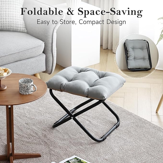 Welnow Folding Foot Stool, Upholstered Small Accent Ottoman with Detachable Thick Cotton Cushion, Padded Sofa Stool with Straight Metal Legs for Lazy Chair, Living Room, Bedroom, Light Grey