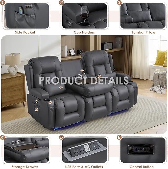 TUNYI Wall Hugger Loveseat Recliner Sofa with Console, Power Reclining Loveseat RV Couch with Massage & Heat/USB/Outlet/Storage/LED Light/Speaker (Light Grey, 3 Seat)
