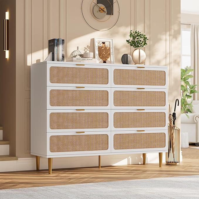GarveeHome Rattan 8 Drawer Dressers for Bedroom, Tall Dresser with Deep Drawers, Large Chest of Drawers for Closet with Wide Top, Long Wooden Dresser for Living Room, Hallway, Kids Room, White