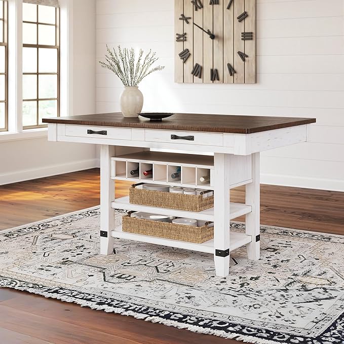 Signature Design by Ashley Valebeck Rectangular Dining Room Table, 4 Drawers, 2 Open Shelves, Wine Rack, Wood, 60" W x 40" D x 36.13" H, White & Brown