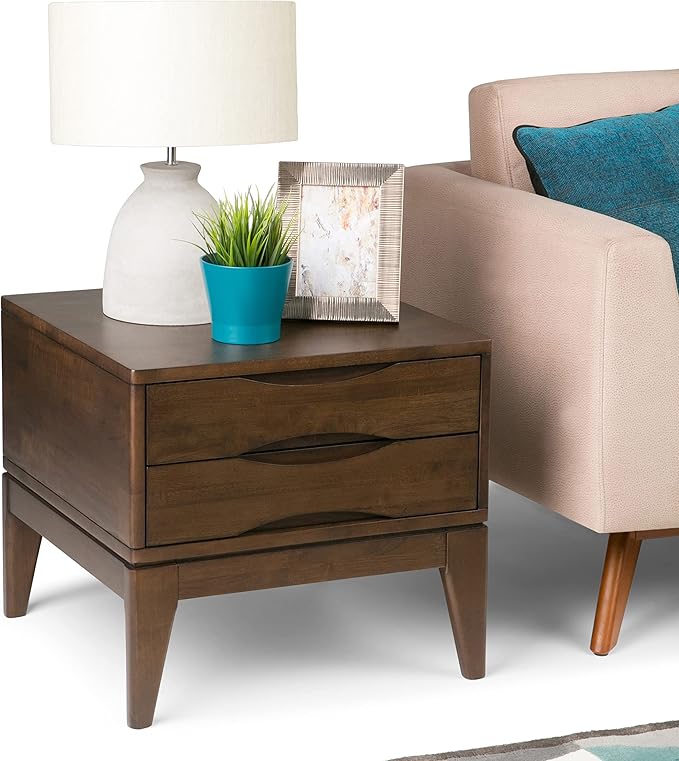 SIMPLIHOME Harper End Table - 22 inch Wide Solid Wood 2 Drawer Side Table in Walnut Brown, Mid Century Modern Accent Table for Living Room with Tapered Legs and Notched Handles