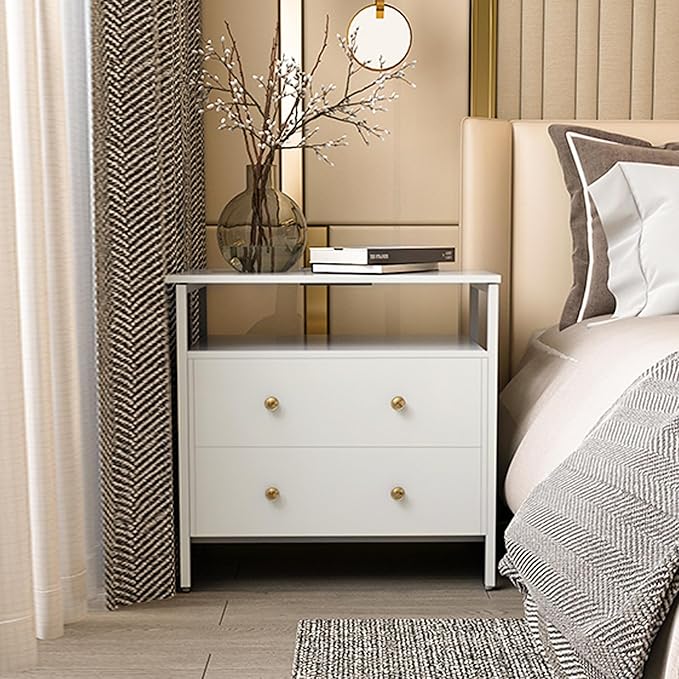 27 inch Wide Night Stand with Charging Station, Bedside Table with Open Shelf, 2 Drawers Small Wood Dresser, Modern Wood Nightstand for Bedroom/Living Room (White)