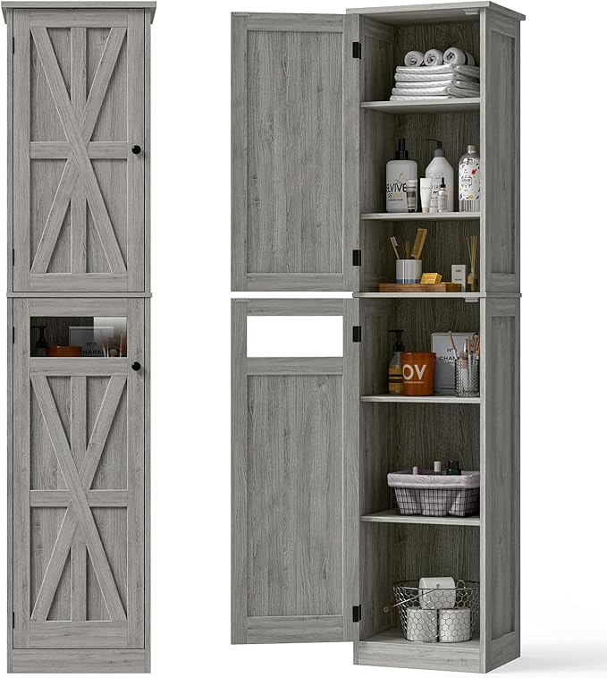Vabches Tall Bathroom Cabinet, Slim Bathroom Storage Cabinet with Adjustable Shelves and 2 Doors, Narrow Floor Storage Cabinet for Bathrooms, Kitchen, Living Room, Rustic Grey