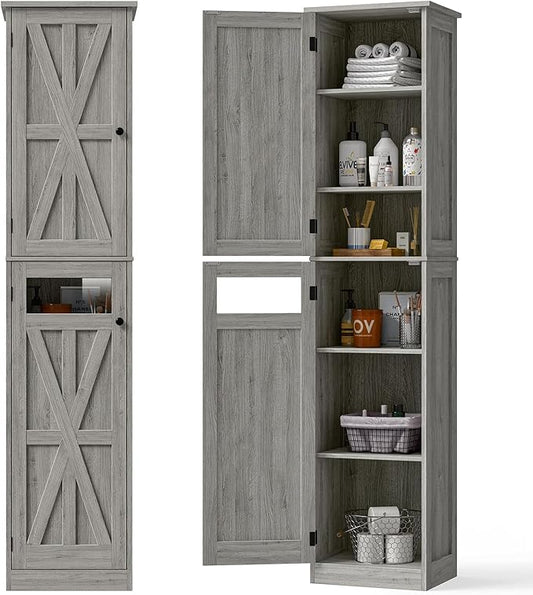 Vabches Tall Bathroom Cabinet, Slim Bathroom Storage Cabinet with Adjustable Shelves and 2 Doors, Narrow Floor Storage Cabinet for Bathrooms, Kitchen, Living Room, Rustic Grey