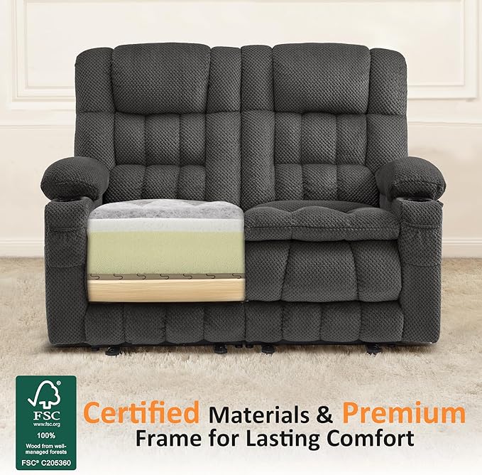 MCombo 57" Reclining Loveseat with Heat and Massage, Zero Gravity Recliner Loveseat Sofa with Dual USB Charging Ports for Living Room, Fabric 6314 (Dark Grey)