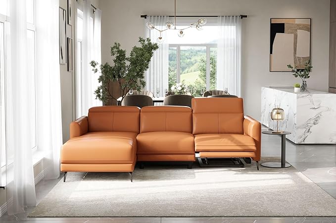 Valencia Andria Left-Facing Sectional Leather Sofa 99.5" | Italian Nappa 11000 Top-Grain Leather Reclining Sofa | Electric Power Recliner | Stainless Steel Leg, Cognac