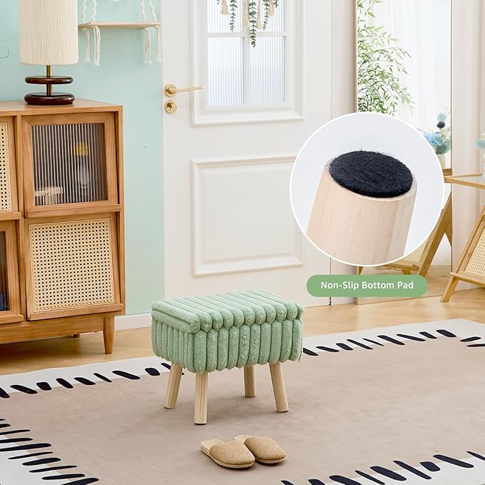 Wimarsbon Storage Ottoman,Soft Faux Fur Footstool with Padded Seat, Small Reading Vanity Chair, Footrest with Wood Tray for Couch, Mini Coffee Table or Display Stand (Light Green)