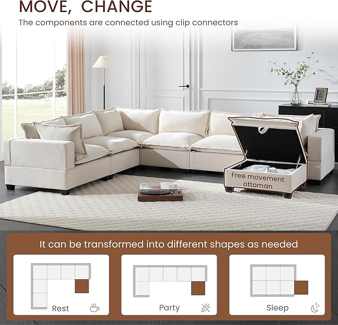 Merax Modern U-Shaped Modular Couch Set with Storage Ottoman, Chenille 7-Seat Sectional Sofa Sleeper Bed with Wide Seat for Living Room, Free Combination,Off White